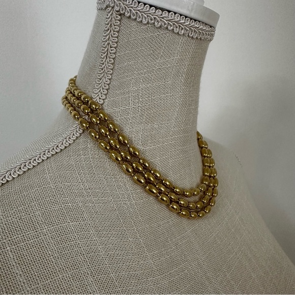 Vintage Rare Monet Three Strand Gold-Toned Beaded Chain Necklace - Picture 2 of 7